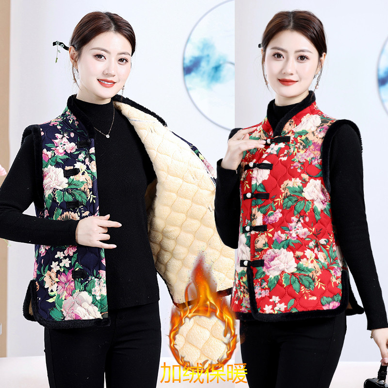 东北大花马甲中国风花棉袄盘扣民族风女装加绒加厚唐装过年坎肩冬