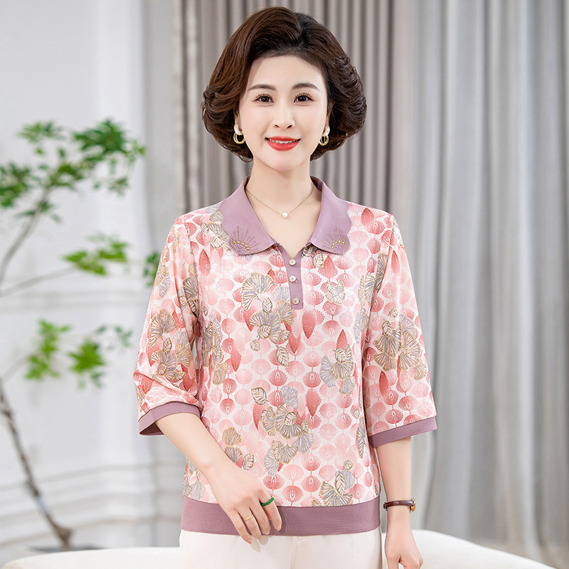 2025春秋季新款娃娃领七分袖T恤中老年女装时尚印花小衫显瘦上衣