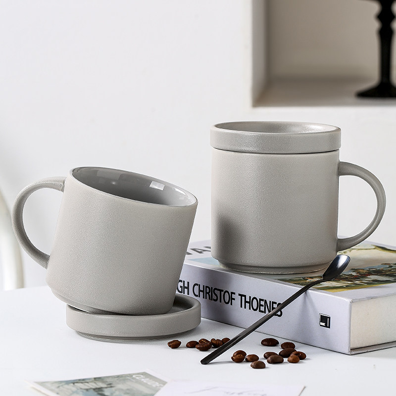 北欧磨砂陶瓷杯子带盖勺粗陶复古风马克杯咖啡杯家用早餐燕麦水杯
