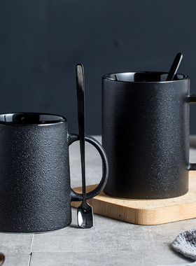 欧式磨砂个性陶瓷马克杯粗陶黑色复古咖啡杯奶茶水杯简约杯子定制