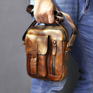 头层疯马皮男包真皮男士潮酷手机相机户外小单肩斜跨腰包手提包