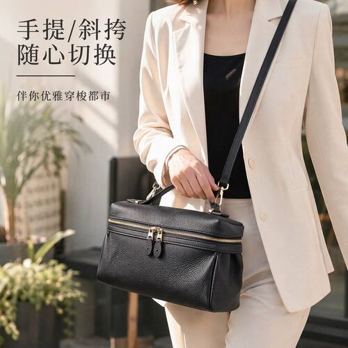 头层荔枝纹牛皮饭盒包女休闲通勤小方包时尚百搭手提斜挎包女包