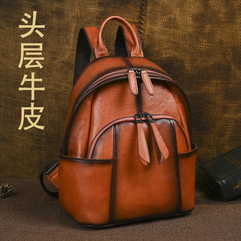 真皮女士双肩包植鞣皮手工擦色复古背包外贸高档实用多隔层大容量