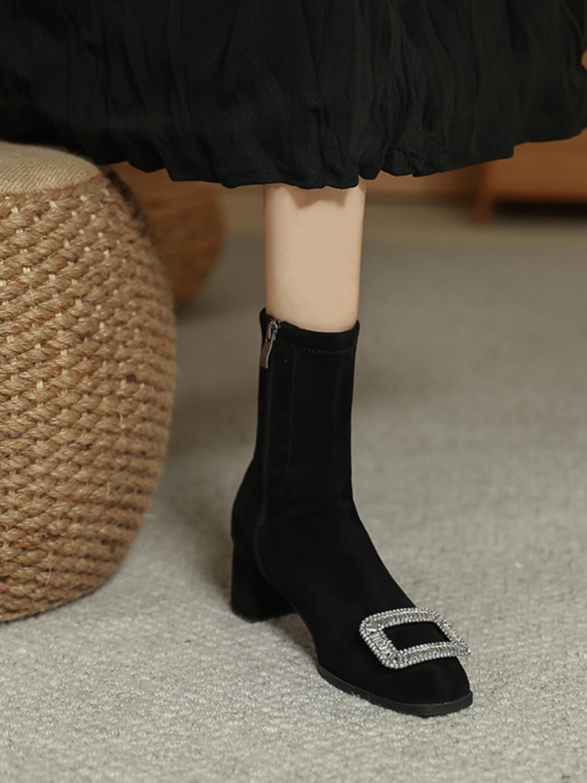 RHINESTONE BLOCK HEEL BOOTIE WOMENS SQUARE HEAD SIDE ZIPPER HIGH HEEL MARTIN BOOTS 2024 AUTUMN WINTER VELVET BOOTS WOMENS SKINNY BOOTS