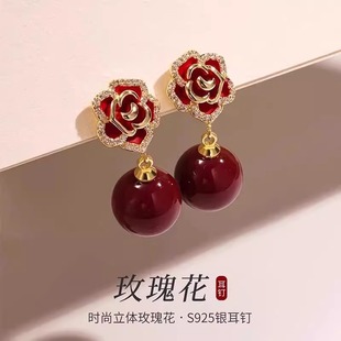S925纯银玫瑰花朱砂耳钉本命年2026新款 耳环高级感红色耳饰女 爆款