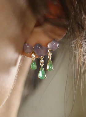 新中式绿色水滴流苏耳钉女轻奢小众高级感耳环百搭显气质独特耳饰