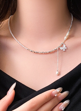 银色仿碎银子珍珠蝴蝶项链女颈链
