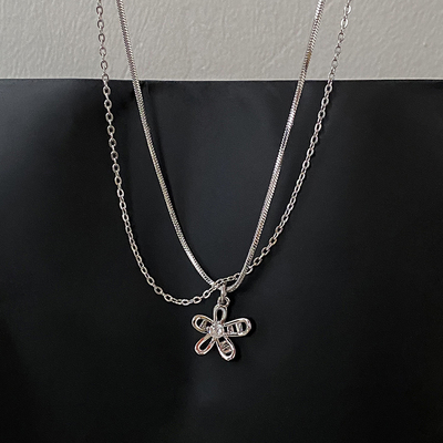 S925纯银双层叠戴花朵项链