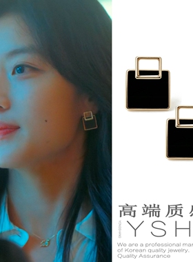 黑色方块耳钉女2026新款时尚气质
