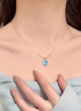 S925纯银海蓝宝吊坠项链夏季新款