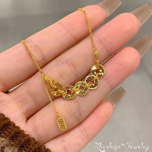 新中式碎碎冰金色五帝钱项链女款轻奢小众高级感复古转运钱币手链