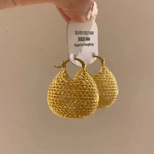 S925纯银黄金色镂空钱袋子耳扣复古轻奢高级感耳环小众秋冬耳饰女