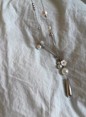 冷淡风花朵仿珍珠水滴项链女