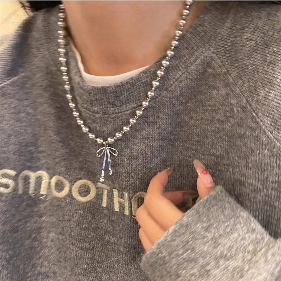 S925纯银亚麻灰蝴蝶结施家珍珠项链女秋冬高级感毛衣链小米珠颈链