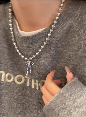 S925银亚麻灰蝴蝶结仿珍珠项链