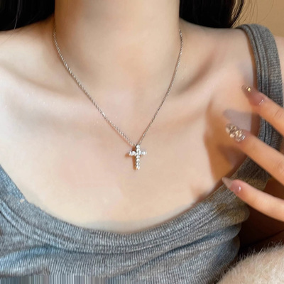 S925纯银满钻十字架项链女款