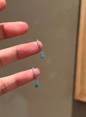 蓝色水滴耳扣轻奢小众高级感巨好看耳环时尚简约气质百搭耳饰耳钉