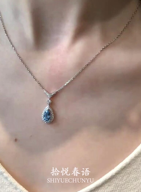 S925纯银爆闪蓝色水滴项链女款