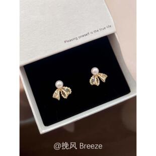 法式 复古金色蕾丝蝴蝶结仿珍珠耳钉轻奢小众高级感百搭耳环耳饰女
