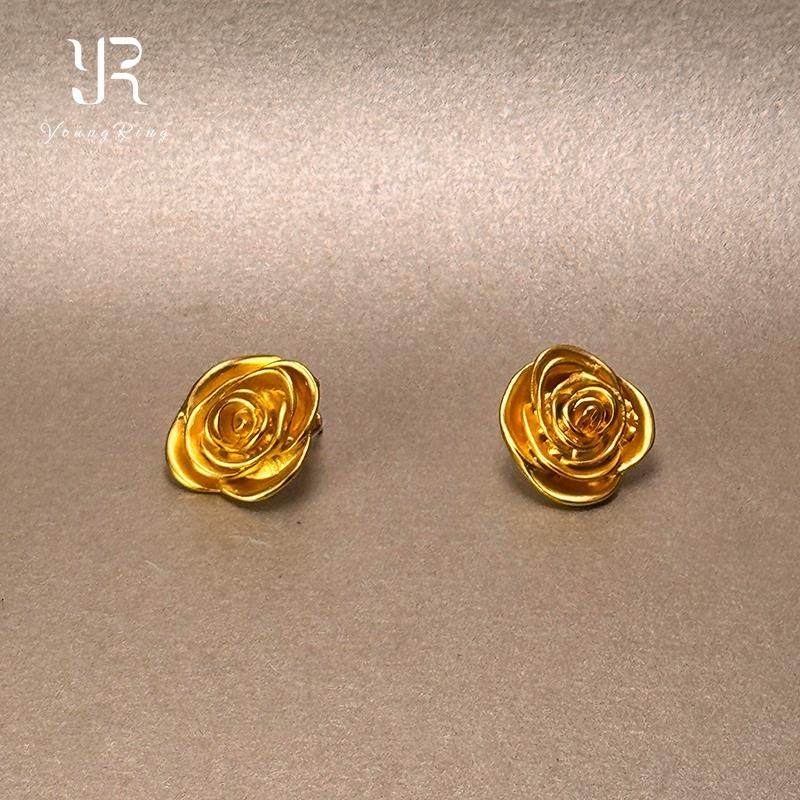 新中式金色立体玫瑰花耳钉女复古轻奢高级感气质大气耳环绝美耳饰,饰品/流行首饰/时尚饰品新,耳钉,淘宝优惠券,粉丝福利购,淘宝优惠卷