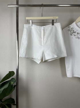 气质Max24夏白色亚麻短裤白裤后刺绣经典高腰A字小直筒显瘦显腿长