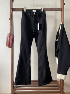 黑色弹力舒适裤 气质显腿长喇叭拖地长牛仔裤 子 高腰复古修身 Fra