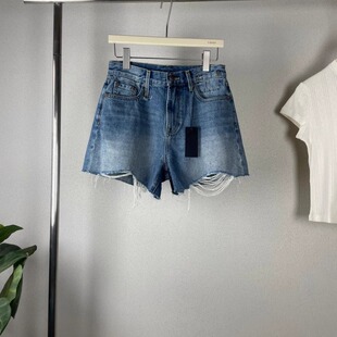 R美式高腰时髦复古水洗蓝色毛边A字型牛仔短裤女显腿长百搭显瘦