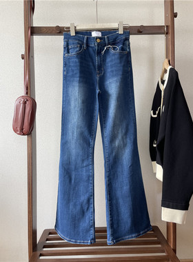 欧美系FD！高腰深蓝色高弹膝围小宽松大喇叭牛仔长裤女气质显腿长