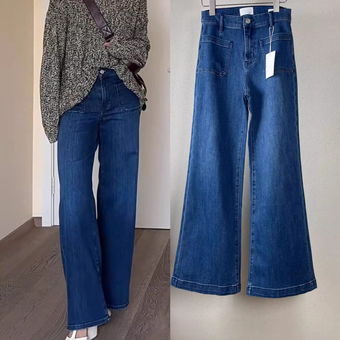 高腰弹性阔腿牛仔裤前口袋款