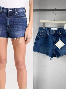 博主经典款mo高腰深蓝色毛边牛仔短裤女复古无弹显瘦热裤25夏款