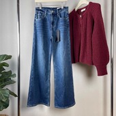 长裤 rag美式 加绒保暖高腰怀旧水洗柔软直筒阔腿喇叭牛仔裤 子显瘦