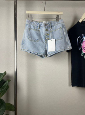 FD24款欧美系前口袋排扣A字百搭浅蓝色热裤牛仔短裤女显瘦时髦