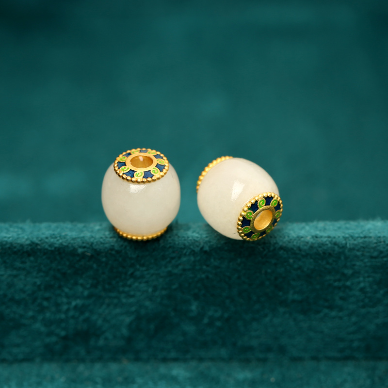 天然和田玉老型珠925银烧蓝贴片包金配件DIY手链手串白玉散珠隔珠