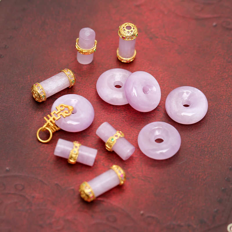 纯银镀金镶嵌天然紫锂辉桶珠配件