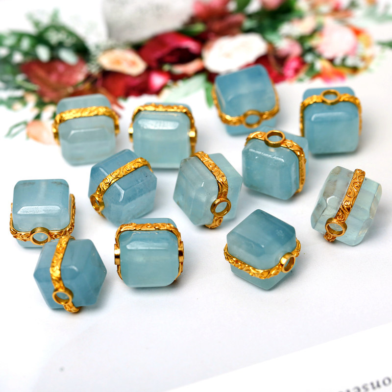 S GOLD-PLATED INLAID NATURAL CRYSTAL AQUAMARINE SUGAR CUBE GOLD-FILLED ACCESSORIES DIY BRACELET WOMENS BRACELET BEADS