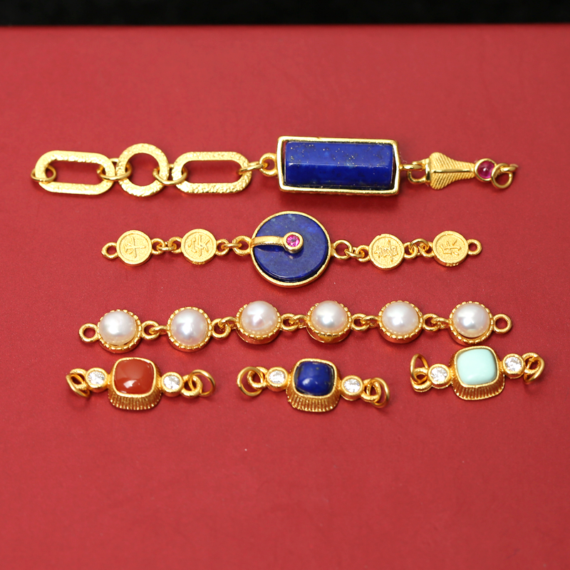S925银镀金镶嵌天然青金石平安喜乐延长链南红玛瑙绿松石连接配件