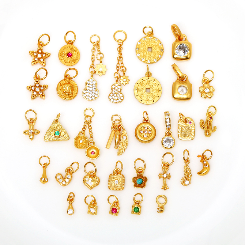 925银镀金镶钻葫芦爱心羽毛提溜小吊坠DIY手链手串四叶草挂坠配件