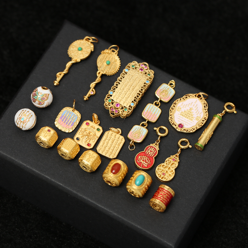 S925古法银镀金镶南红绿松烧蓝五条经文娜娜通提溜吊坠通孔转运珠