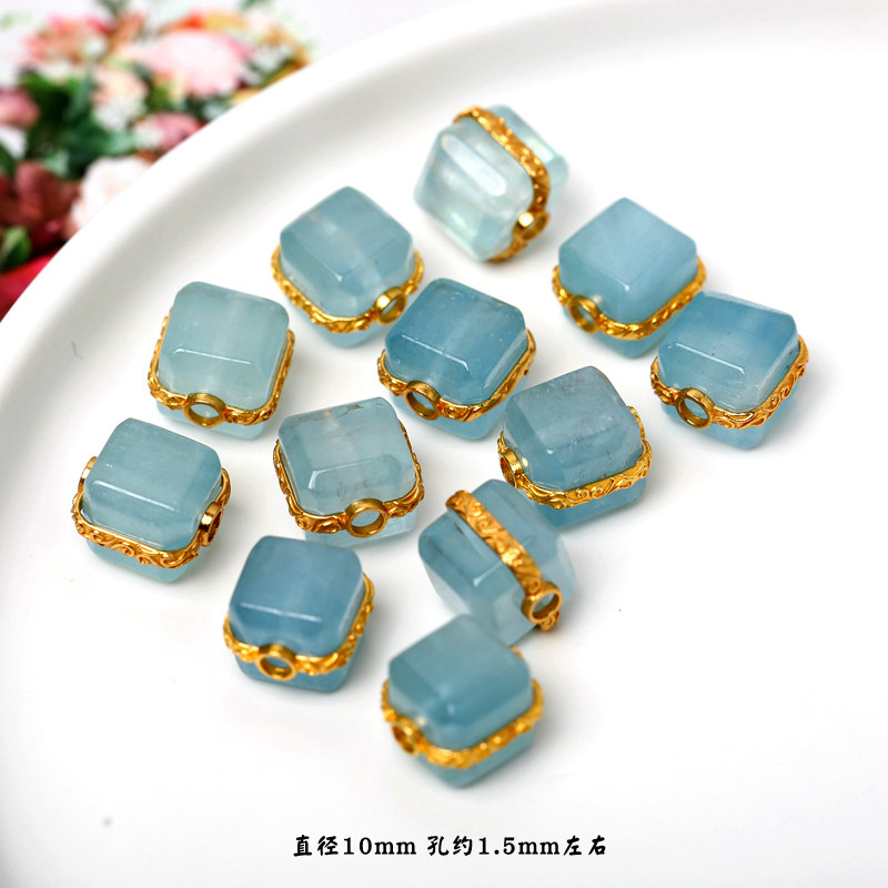 S GOLD-PLATED INLAID NATURAL CRYSTAL AQUAMARINE SUGAR CUBE GOLD-FILLED ACCESSORIES DIY BRACELET WOMENS BRACELET BEADS