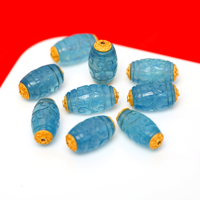 银镀金镶嵌海蓝宝回纹桶珠