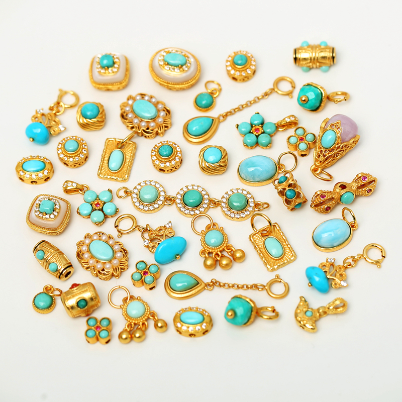 银镀金镶绿松石四叶草水滴吊坠