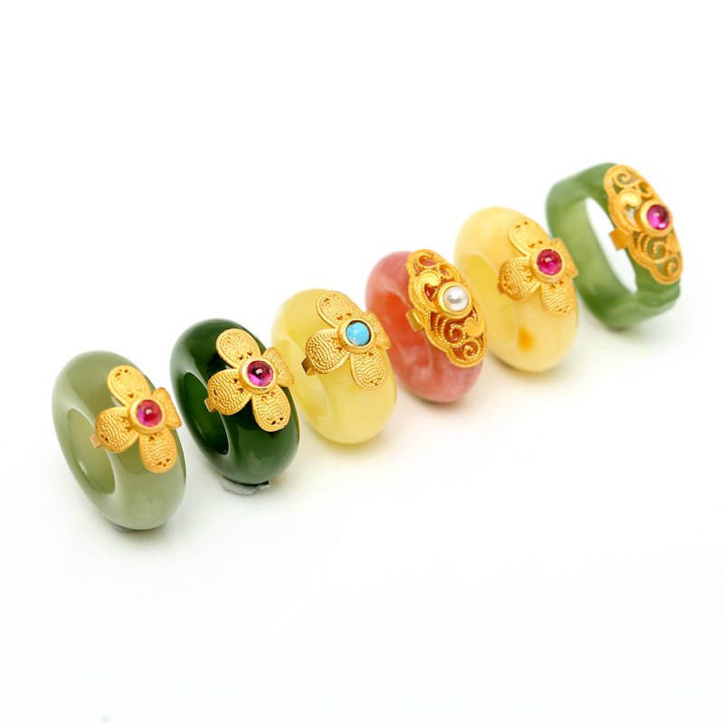 天然和田玉碧玉粉澳宝蜜蜡跑环大孔隔珠镶嵌925银镀金配件diy配珠