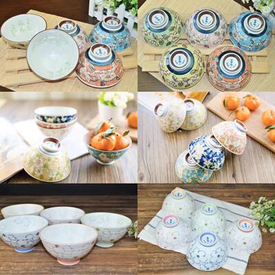 包邮微暇日本进口高温釉下彩陶瓷古伊烧五彩山茶花3个一组饭碗