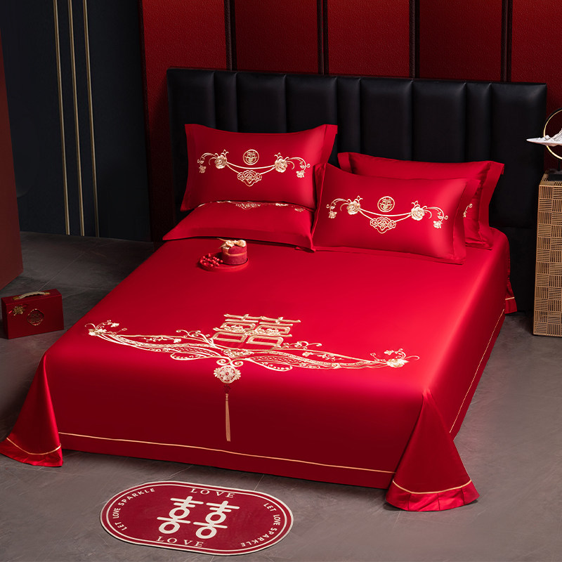 婚庆结婚大红色纯棉女方床单单件酒店被单枕套三件套刺绣接亲出嫁