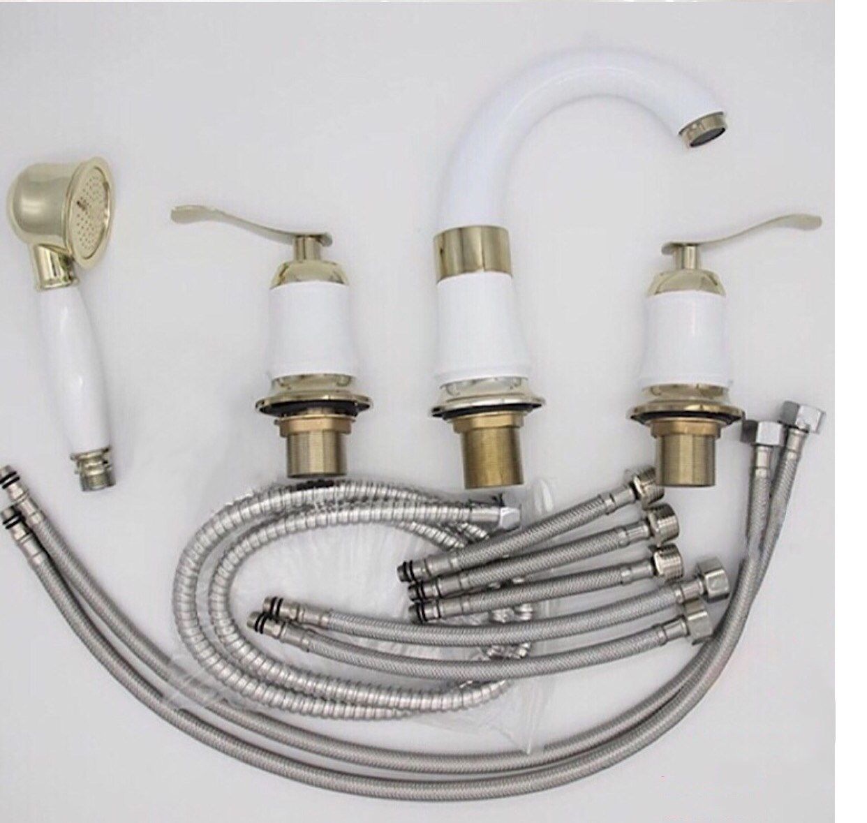 欧式双把三孔水龙头白色冷热花洒三件套卫生间洗脸盆四孔龙头开关