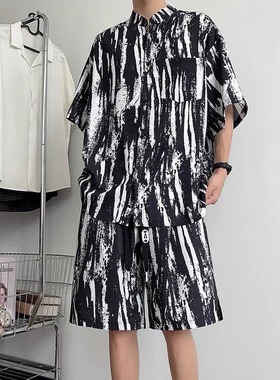 网络图TZ60夏威夷衬衫短裤一套装黑色高质量M-3XLP30