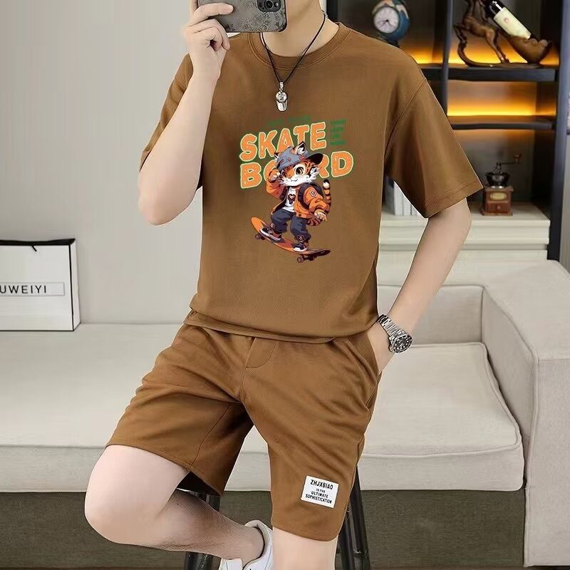 2025夏季新款休闲运动套装男短袖t恤潮牌五分短裤宽松港风两件套,男装,休闲运动套装,淘宝优惠券,粉丝福利购,淘宝优惠卷