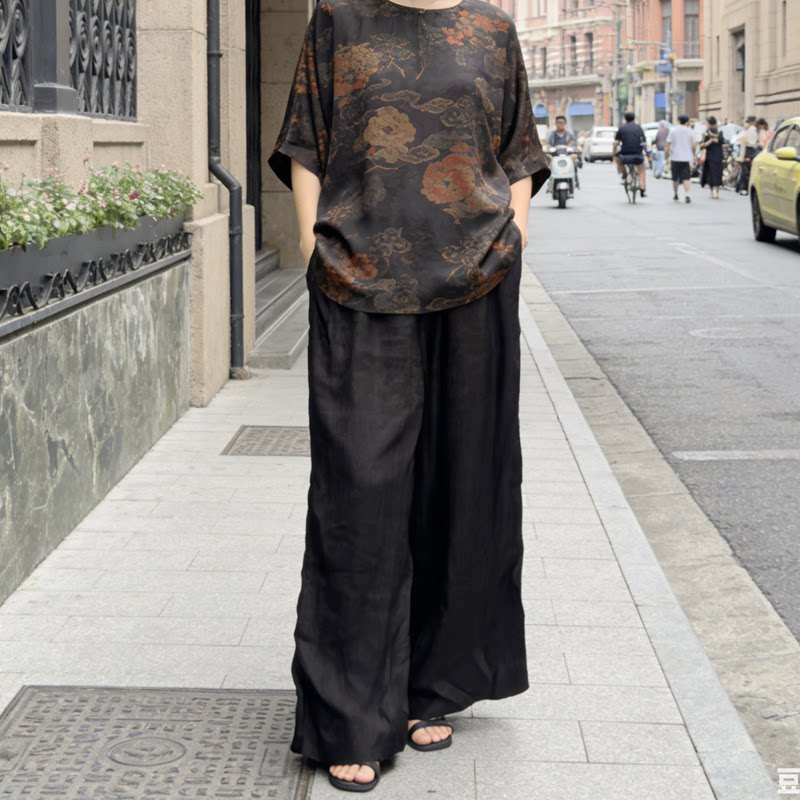 真丝香云纱垂坠阔腿裤女