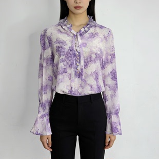 温柔风显瘦桑蚕丝上衣通勤 V领喇叭袖 真丝印花衬衫 女长袖