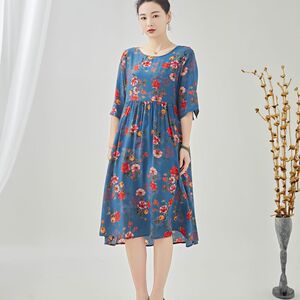 杭州丝绸专柜正品真丝桑蚕丝五分袖长款显瘦宽松碎花文艺风连衣裙